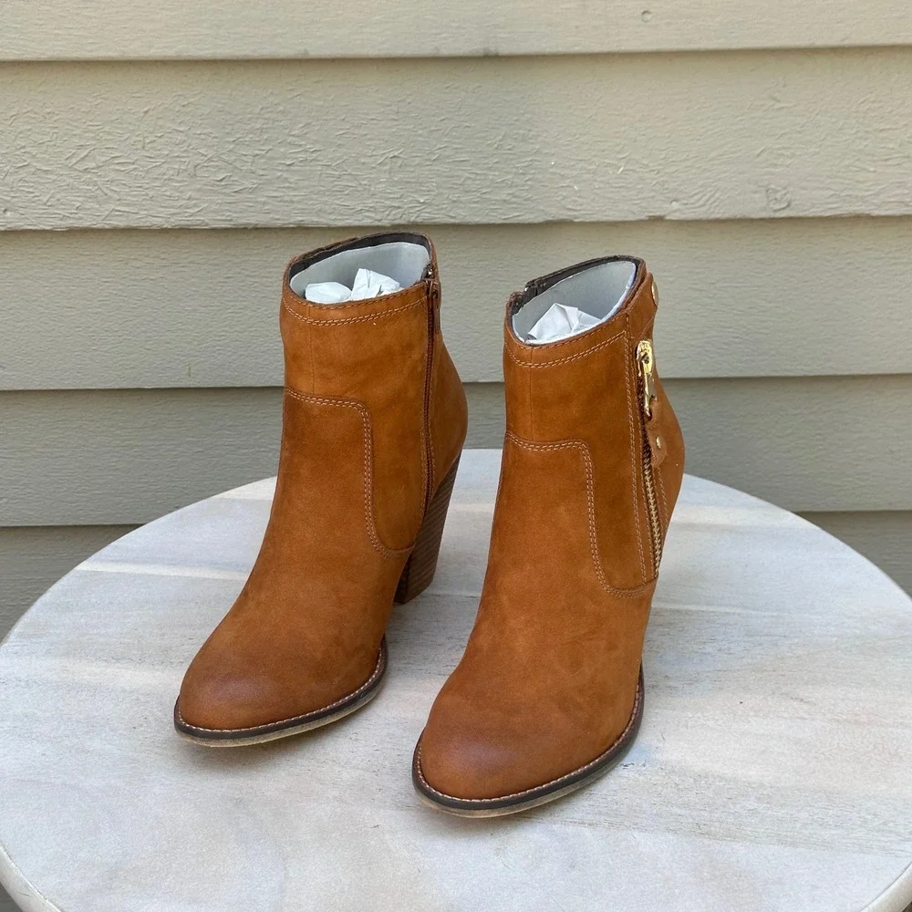 Aldo Olenalla Cognac Brown Leather Ankle Boots Block Heel Gold Zip Women 8.5 39 - Picture 14 of 14